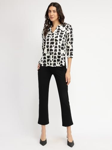 Image of FableStreet Women Shirt Work & Casual | Relaxed Fit Mandarin V-Neck Three-Quarter Sleeves Solid Pattern | Breathable Woven Fabric for Office & Everyday Wear