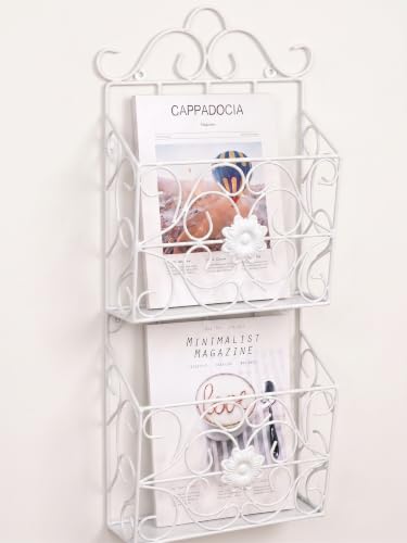 Image of Wall Mounted Hanging File & Magazine Holder - Metal Organizer for Newspapers, Documents & Office Storage | Decorative Rack for Home & Workspace 39x26x10 cm. (Double Magazine Rack White)