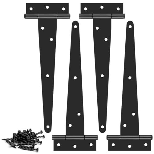 Schuppentürscharniere, 200 mm, robuste T-Scharniere für den Außenbereich, 4 Stück, schwarzes Gurt-T-Stück mit Schrauben für Gartentor, Fenster, Scheune