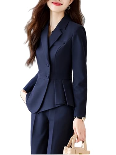 Elevate Your Office Style: Platlogy Women's Navy Blue Business Suit Set for Confident Professionals