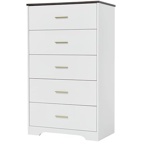 Wood Dresser for Bedroom, 5 Drawer Dresser for Clothes Storage, Modern Bedroom Dressers & Chests of Drawers, 47 Inches Tall Chest of Drawers for Bedroom, Hallway, Living Room, White Cover