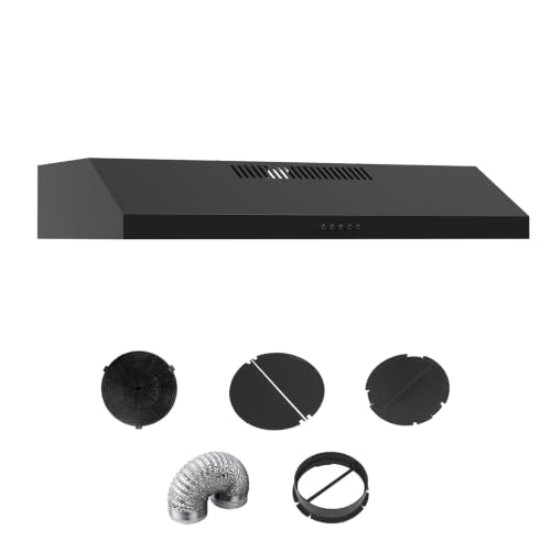 Borrallio Range Hood 30 inch Under Cabinet, Ducted/Ductless Convertible Kitchen Vent Hood, Stainless Steel Stove Vent Hood with 3 Speed Exhaust Fan, 300CFM Powerful Suction, Button Control, Black