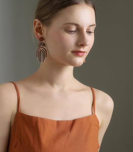 Ozel - Natural Wooden Acrylic Boho Drop Dangle Earrings for Women - Geometric Statement Jewellery - Brown, Black, Magent Red, Olive Green, White beige2