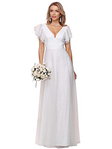 Ever-Pretty Encaje Tul Vestido de Novia A-línea Cuello en V Manga Corta Corte Imperio para Mujer Blanco 44