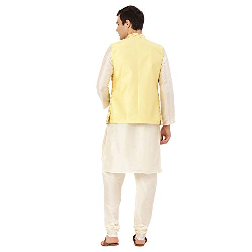 Image of SOJANYA (Since 1958 Men's Cotton Linen Maroon Kurta and White Pyjama with Mustard Cotton Nehru Jacket
