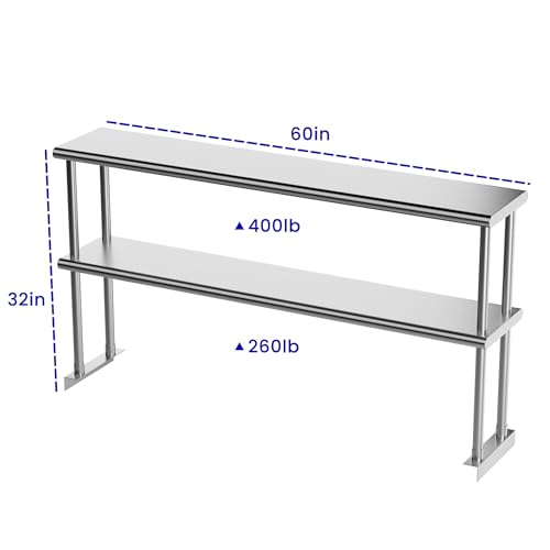 Image of Double Overshelf of Stainless Steel 12'' x 60'', Commercial 2 Tier Shelf for Prep & Work Table in Restaurant, Home and Kitchen (12x60)