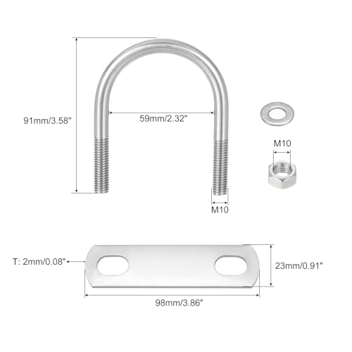Image of uxcell Round U-Bolts, 8 Sets 59mm(2.32 inch) Inner Width 91mm Length M10 304 Stainless Steel U Clamp Bolt with Nuts and Plates, for Boat Trailer
