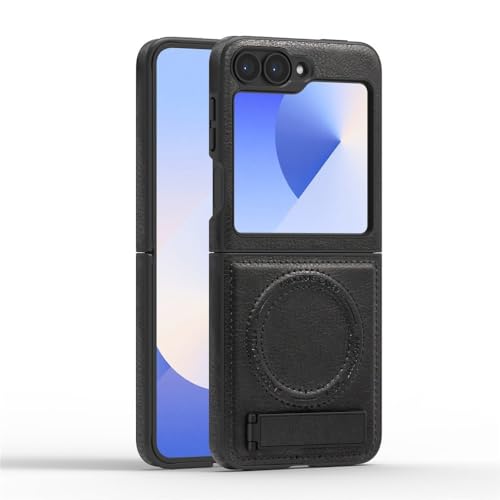 Housse Samsung Galaxy Z Flip 5 en cuir noir idéale pour regarder vos vidéos avec le support intégré