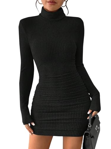 GORGLITTER Damen Figurbetont Kleider Elegant Strickkleid Langarm Rollkragen Minikleid Winter Freizeitkleid Bodycon Casualkleid Bleistiftkleid Schwarz...