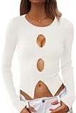 CHYRII Womens Sexy Fall Fashion Cutout Tops Ribbed Knit Winter Pullover Sweater Going Out Crop Tops White S