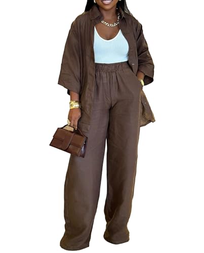 Voghtic 2 Piece Outfits For Women Lounge Sets 3/4 Sleeve Button Down Shirts And Wide Leg Pants Sets