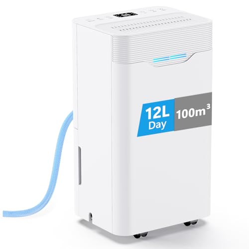 Déshumidificateur 12L/Jour, PIAZCEW Déshumidificateur Electrique avec Minuterie 24 H, 3 Modes, Arrêt Automatique, Drainage Continu, pour Chambres, Sous-sols, Salles de bains, Blanc