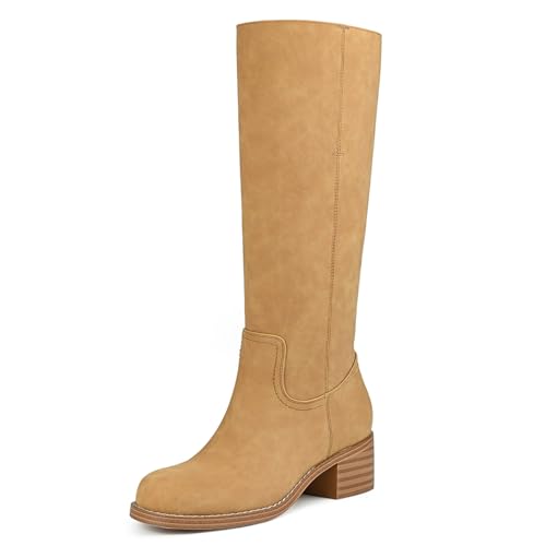 HEIFIN Banana Knee High Boots Women Square Toe Chunky Block