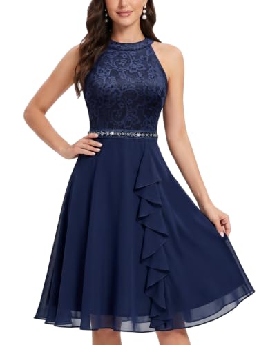 Image of Miusol Women's A-Line Halter Neck Lace Chiffon Ruffle Cocktail Party Dress