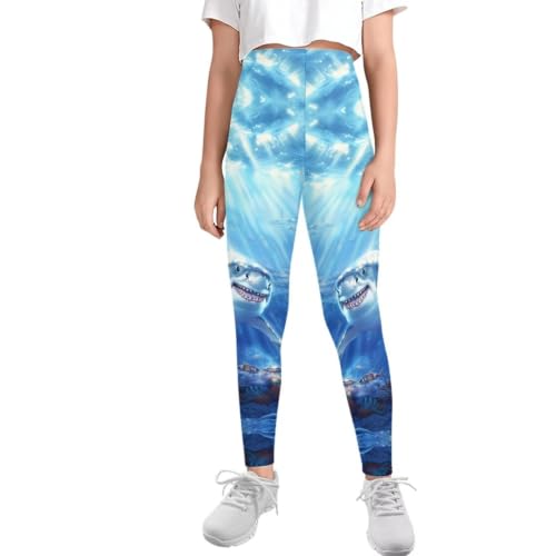 SCRAWLGOD Shark Leggings for Girls 10-11 Ocean Teen Kids Gym Yoga Pants School Sport Capri Leggings Tummy Control Yoga Pants Running Athletic Activewear Compression Gymnastic Tights Active Trousers