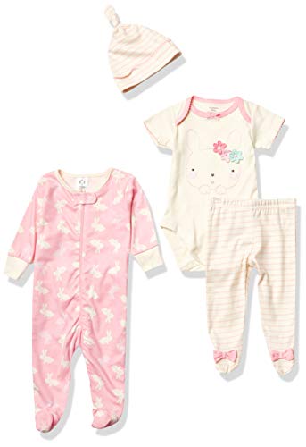 Gerber Baby Girls' 4-Piece Sleep 'N Play, Onesies, Pant and Cap, Pink Bunny, 0-3 Months