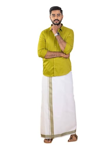 Image of RAMRAJ COTTON Men Premium Cotton Full Sleeves Shirt and Fancy Border Dhoti Set Luxe Set