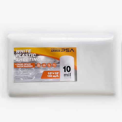 Crawl Space Vapor Barrier 10mil Film 10x10 White Plastic Sheeting - Thick Plastic Sheeting Heavy Duty Polyethylene Film Drop Cloth Vapor Barrier Covering for Crawl Space Garden Basement