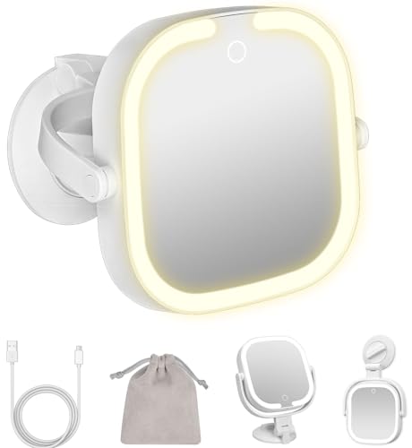 Espejo Maquillaje con Luz Espejo Aumento 30X Espejo de Maquillaje Luminoso con Ventosa Potente 3 Colores de Luz Brillo Ajustable,Batería 2000 mAh,360° Giratorio, para Baño y Viaje con Tapón Antipolvo