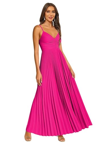 Long Satin Bridesmaid Dresses for Women V Neck Pleated A Line Spaghetti Straps Formal Evening Dress