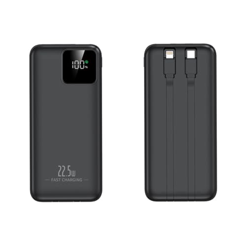 Batería externa de carga rápida de 20000 mAh, 22,5 W, cables integrados, 4 salidas, 2 entradas, cargador portátil, pantalla LED (20000 mAh/negro)