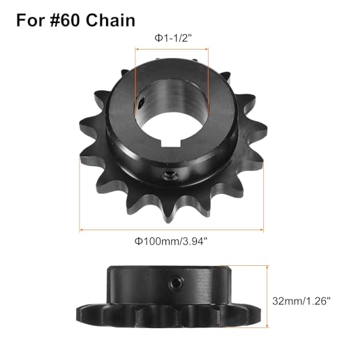 Image of uxcell #60 Chain Roller Sprocket B Type, 1-1 /2 inch Bore 15 Tooth Single Strand Chain Sprocket, Carbon Steel, Keyway with Set Screws