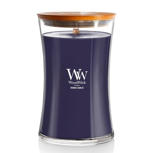 WoodWick Large Hourglass Candle, Hinoki Dahlia - Premium Soy Blend Wax, Pluswick Innovation Wood Wick, Made in USA
