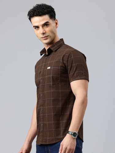 Image of Majestic Man Men Comfort Slim Fit Checked Pure Cotton Half Sleeve Casual Shirt