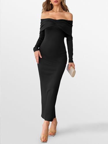 Caracilia Womens Off The Shoulder Bodycon Maxi Dress Fall Sexy Elegant Long Sleeve Ruched Club Party Formal Cocktail Dresses4