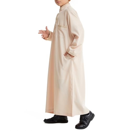 Muslim Thobe for Boys Islamic Thobe Long Sleeve Kaftan Stand Collar Button 𝐑obe Kids Ramadan Eid Outfit Prayer Clothes4