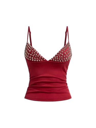 Camisola punk para mujer, con tachuelas plateadas, ajuste elástico, chaleco sin mangas para fiesta, rosso, M
