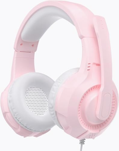 Image of Pink Cat Ear Headphones Over Ear for Gaming PC, 3.5mm Wired Gaming Headset with Noise Cancelling Mic, Soft Memory Earmuffs Stereo Headset for PS4, PS5, Xbox, Laptop, Mac, Tablet, Smartphone