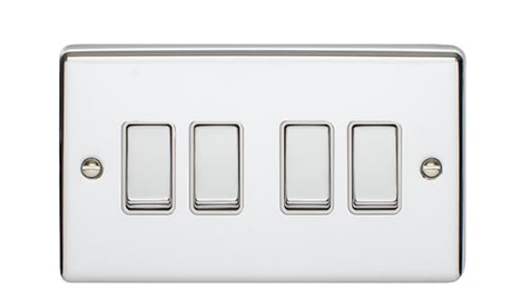 Kooples Hardware Enhance Decorative Light Switch 1 to 4 Gang Screwless Brushed Chrome with White Trim Wall Plate UK (Polished Chrome, 4 Gang with White Trim)