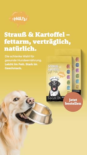 PAULI's Trockenfutter Low-Fat Strauß & Süßkartoffel für Hunde| Naturprodukt| geringer Fettanteil nur 9,5%| Single Protein| Getreidefrei| ohne Zusatzstoffe| bei Unverträglichkeiten geeignet| 1x5Kg