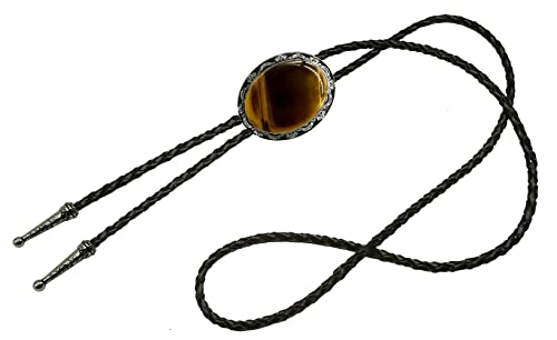 Image of Moranse Bolo Tie with Natural Tiger Eye Stone Celtic Style Genuine and Cowhide Rope