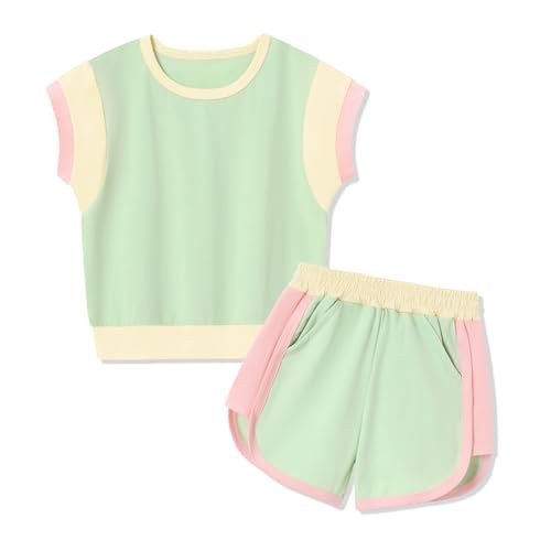 SANMIO Toddler Girl Clothes Summer 2 Piece Toddler Girls Outfits Color Block Short Sleeve Shorts 3-4T Girls Clothing Set Green