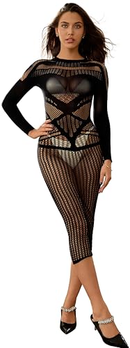 Image of Bommi Fairy Women's Shape Long Sleeve One Piece Maxi Dresses Sexy Pubwear Stretchy Seamless Neck Dress Hollow Out Bodycon Bodysuit (Black, One Size)