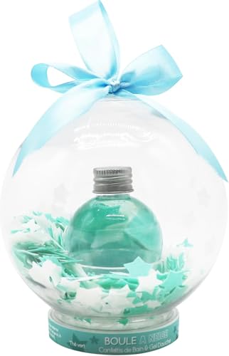 Feel Natural - Coffret Boule à Neige de Bain - Gel Douche Parfumé Thé Vert & Confettis Etoiles - Bain moussant - Cadeau Femme - Relaxation - Bien-Etre - Ruban d'Accroche - Ambiance Magique