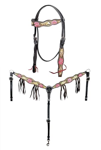 CHALLENGER Horse Horse Western Pink Lotus Hand-Painted Leather Bridle & Breast Collar Tack Set 78HR102B