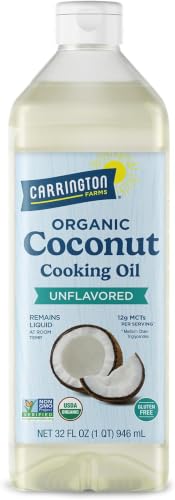 Image of Carrington Farms Organic Liquid Coconut Cooking Oil, 32 Fl Oz -Unflavored, Unscented, High Smoke Point, MCT-Rich, No Trans Fat - For Cooking, Sauteing, Frying & Baking - Gluten Free, Non-GMO, Hexane Free, BPA Free Bottle