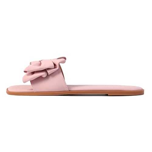 Image of Women's Bow Flat Sandals Open Saquare Toe Comfortable Slide for Wedding Beach Vacation
