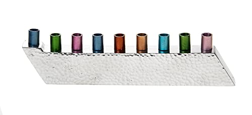 (D) Hammered Menorah with Colorful Candle Holders Judaica Holiday Decor