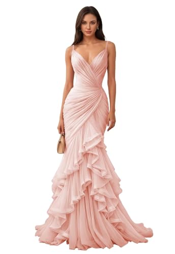 Women's Mermaid V-Neck Ball Gown Tulle Prom Dress 2026 Peach