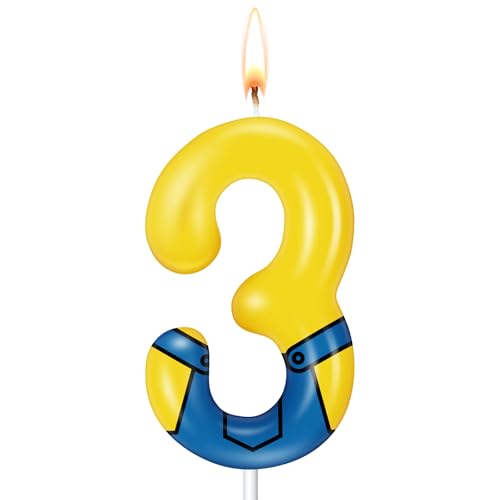 Yuntau Yellow Jeans Cartoon Themed Birthday Candles Yellow Number Patrol Candle Cake Cupcake Topper Decorations for Boy and Girl Birthday Supplies(Number 3)