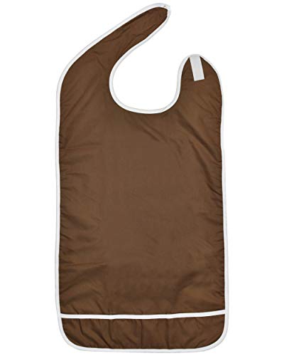 Celley Xtra Long Adult Bib Clothing Protector Eating Apron w/Crumb Catcher, Waterproof PU Coated Polyester Shirt Protector Bib for Grown Ups, Elderly Men Women Senior Citizen (Brown)