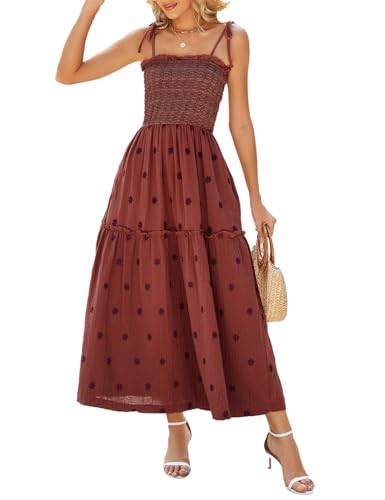 Women Floral Embroidered Maxi Dress Sleeveless Tie Shoulder Smocked Flowy Dress Boho Summer Sundresses with Pockets