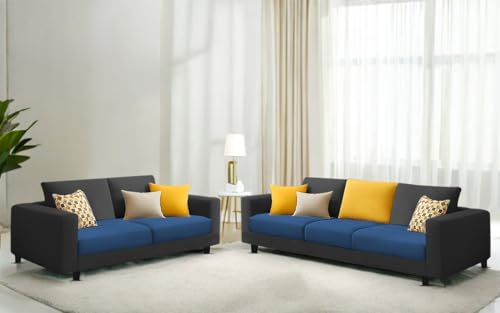 Image of Galib 3+2 Seater Sofa Set for Living Room (Blue Black Fabric) Premium Fabric Sofa Set
