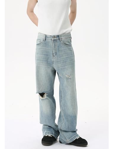 Men's Denim Pants Mid-Waist Straight Leg Ripped Loose Fit Wide Leg Vintage Casual Jeans with Pockets4