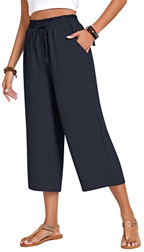 Image of Anyhold Women's Capri Pants Drawstring Casual Palazzo Trousers with Pockets Loose High Waisted Wide Leg Lounge Pants