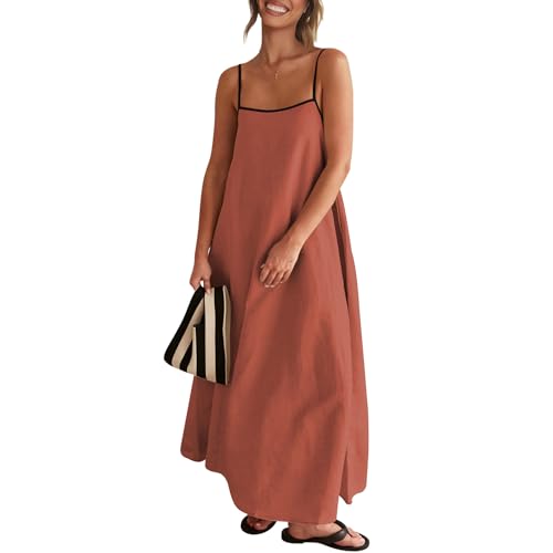 Image of Senllen Women's Linen Dress Summer Loose Flowy Sundress Contrast Spaghetti Strap Sleeveless Backless Beach Maxi Long Dresses